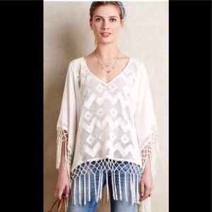 Anthropologie Lilka Crochet Fringe Hem Poncho White Lace Boho Women XS